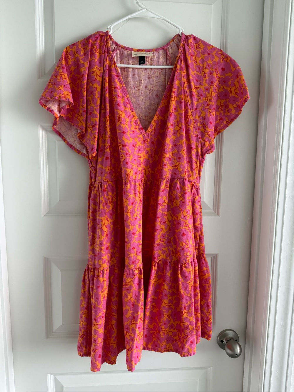 Vibrant Pink & Orange Floral V-Neck Tiered Dress universal thread